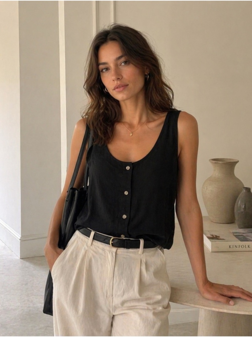 Joe Fresh Black Button-Front Tank Top